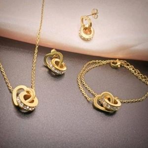3pcs/set Fashion Stainless Steel Cubic Zirconia Detail Double Ring Necklace
